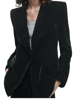 ZARA Women Size 4 Velvet Tuxedo Blazer Charcoal Green Chic Statement Piece